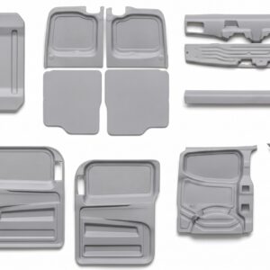 Computer-aided product visualization of the Coconut Systems Coco Flare Side Pods engineered for MAN TGE and VW Crafter vans. The digital asset displays the dark gray technical polymer rear-quarter panels with precision structural reinforcing ribs and inset modular storage compartments, set against a clean industrial workspace backdrop.
