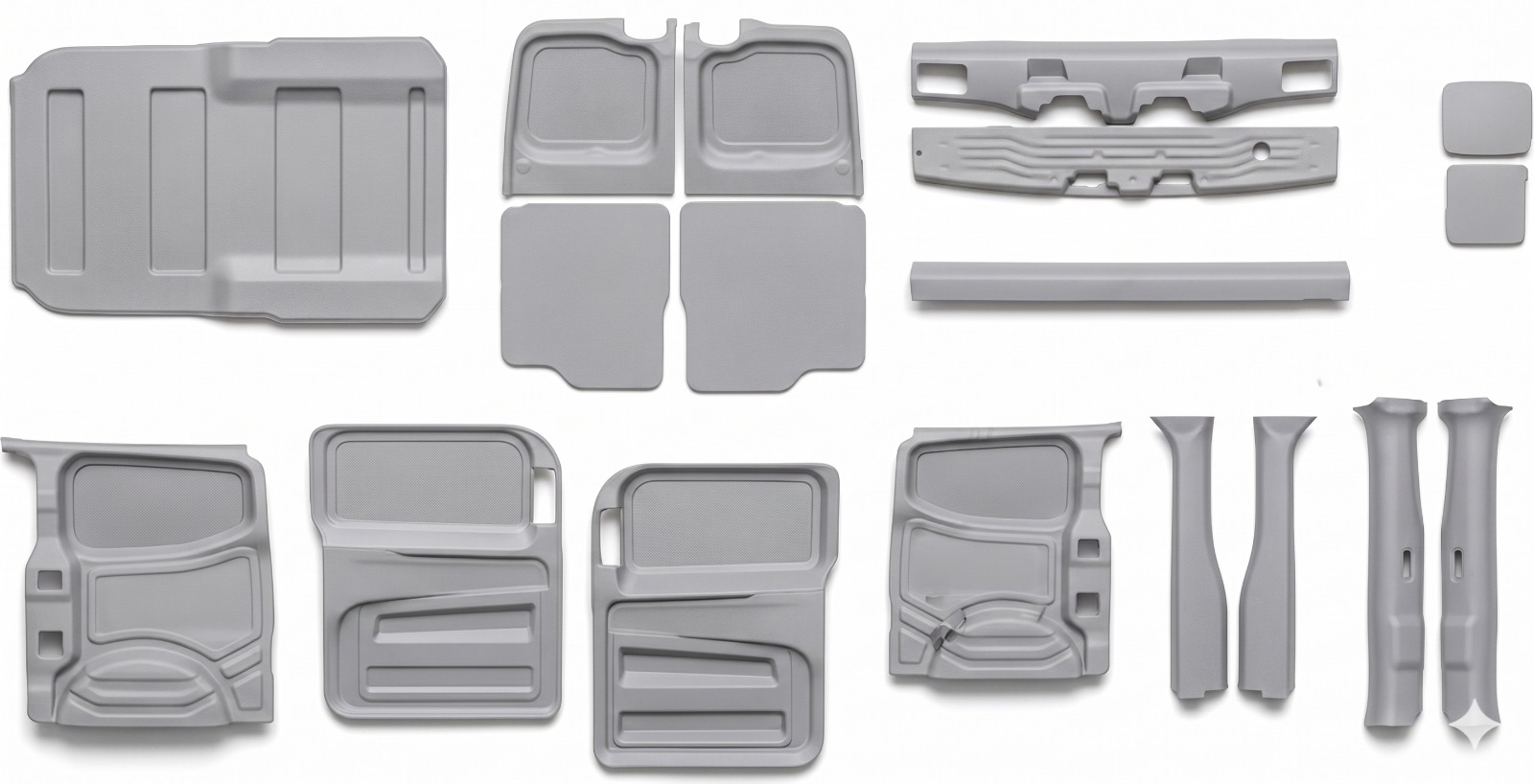 Computer-aided product visualization of the Coconut Systems Coco Flare Side Pods engineered for MAN TGE and VW Crafter vans. The digital asset displays the dark gray technical polymer rear-quarter panels with precision structural reinforcing ribs and inset modular storage compartments, set against a clean industrial workspace backdrop.