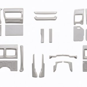 Computer-aided product visualization of the Coconut Systems Coco Flare Side Pods engineered for MAN TGE and VW Crafter vans. The digital asset displays the dark gray technical polymer rear-quarter panels with precision structural reinforcing ribs and inset modular storage compartments, set against a clean industrial workspace backdrop.