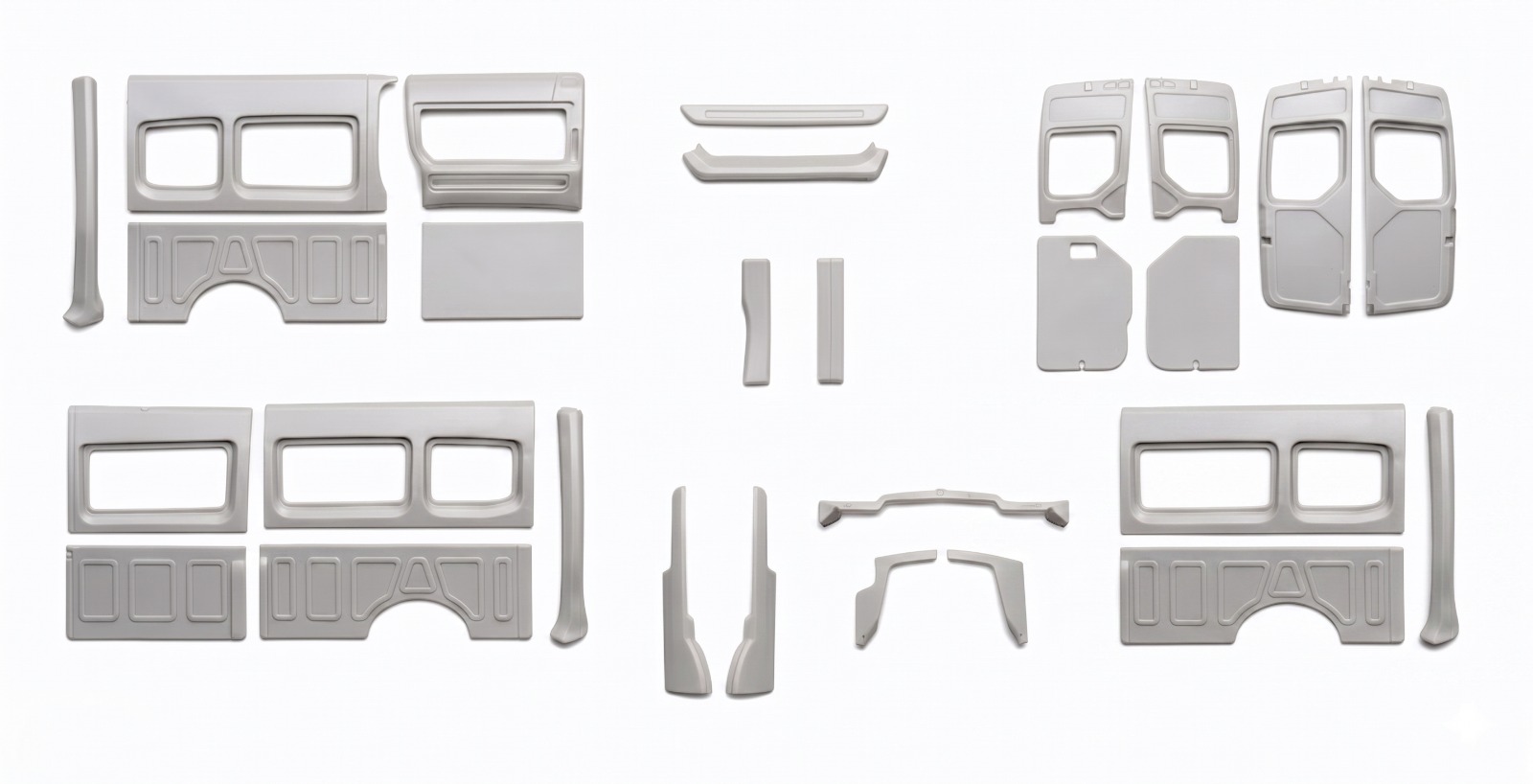 Computer-aided product visualization of the Coconut Systems Coco Flare Side Pods engineered for MAN TGE and VW Crafter vans. The digital asset displays the dark gray technical polymer rear-quarter panels with precision structural reinforcing ribs and inset modular storage compartments, set against a clean industrial workspace backdrop.