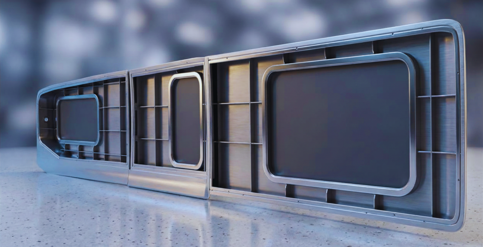 Rear perspective view of the Coconut Systems custom modular side pod lining system for MAN TGE and VW Crafter vans. The multi-panel technical assembly features structural reinforcement ribbing and inset storage trim compartments, rendered in a realistic dark slate and metallic industrial studio setting.