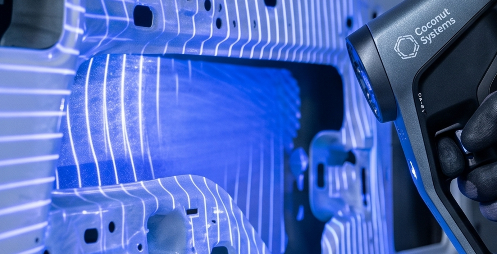 Coconut Systems engineer performs a high-fidelity 3D laser scan of a Ford Transit Custom interior cargo area. Blue structured light highlights the steel contours, with a digital wireframe mesh twin emerging on a rugged laptop screen in real-time.
