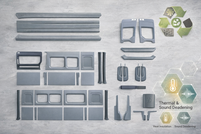 Various grey construction materials arranged on a surface with icons representing sustainability.